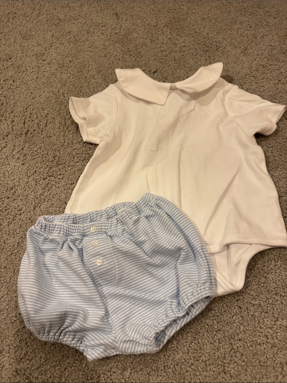 Classic White Peter Pan Collar Romper with Light Blue Striped Bloomers